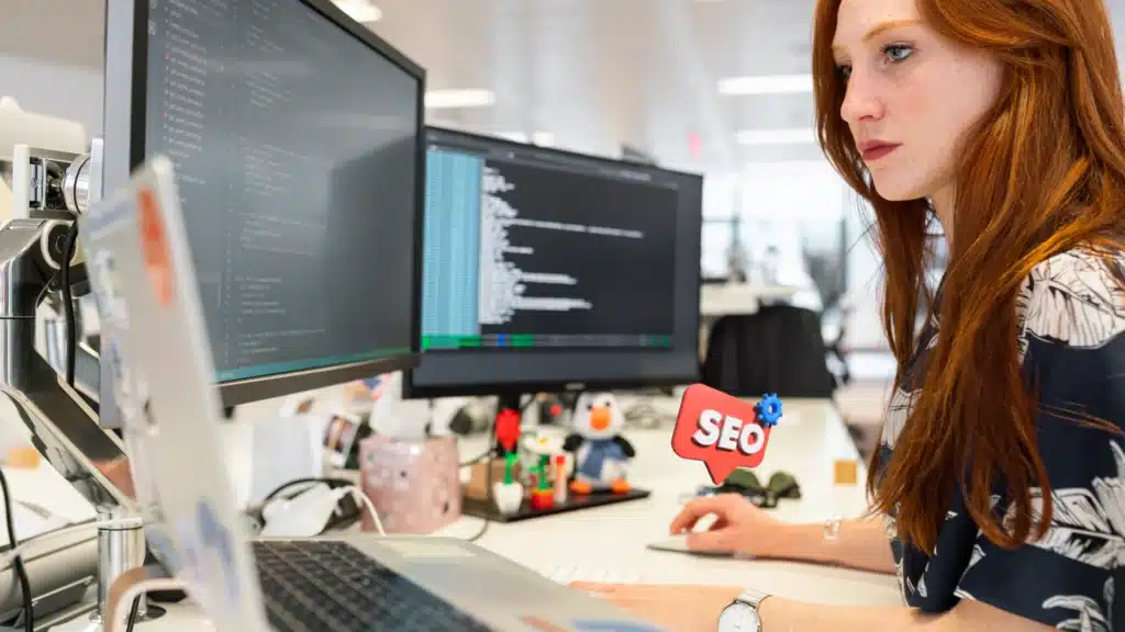 Chica con computadora PC SEO